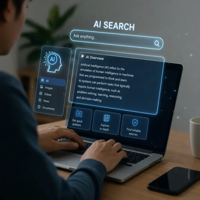 A person using a laptop with holographic AI search graphics, illustrating the impact of how ai overviews change legal local search behavior.