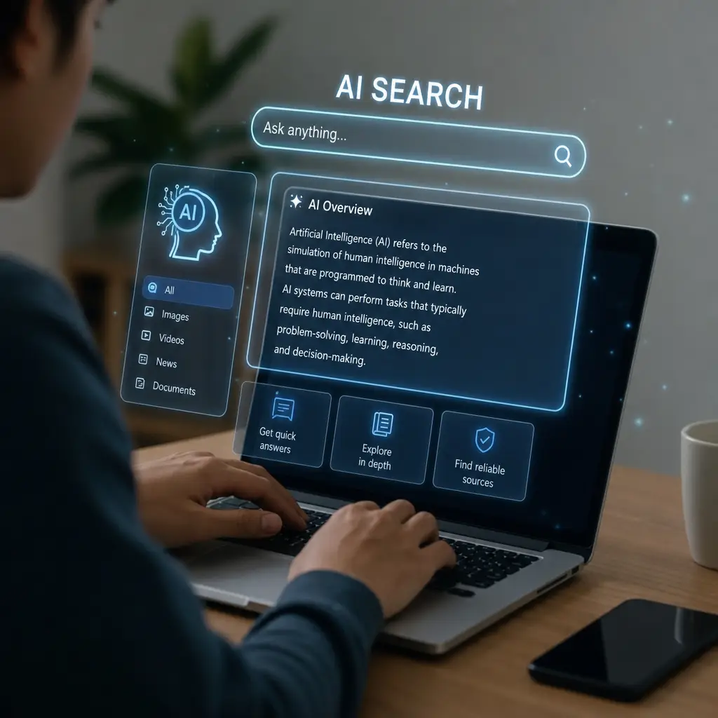 A person using a laptop with holographic AI search graphics, illustrating the impact of how ai overviews change legal local search behavior.