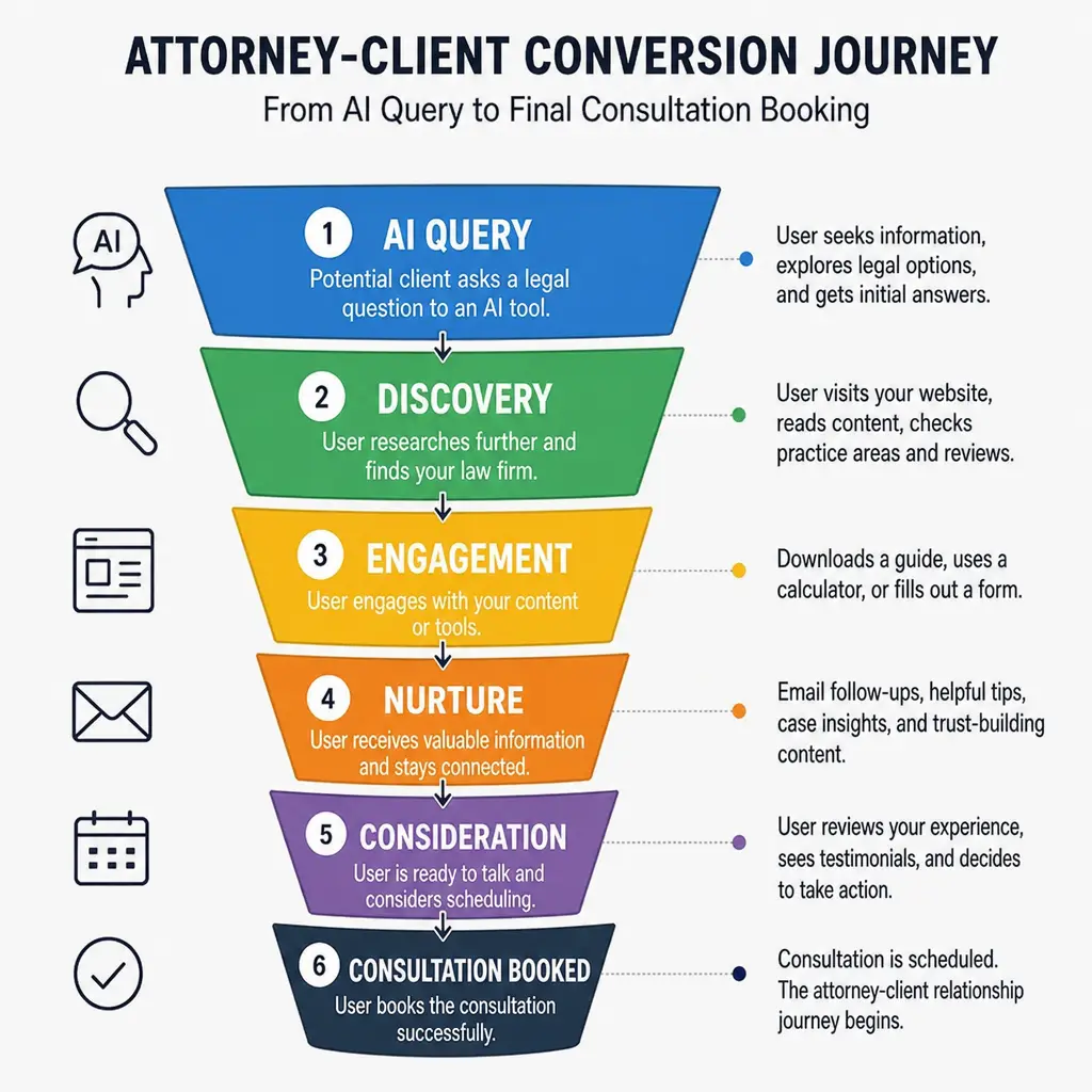 A visual representation of the stages in an attorney-client conversion journey starting from an AI query to booking a consultation.