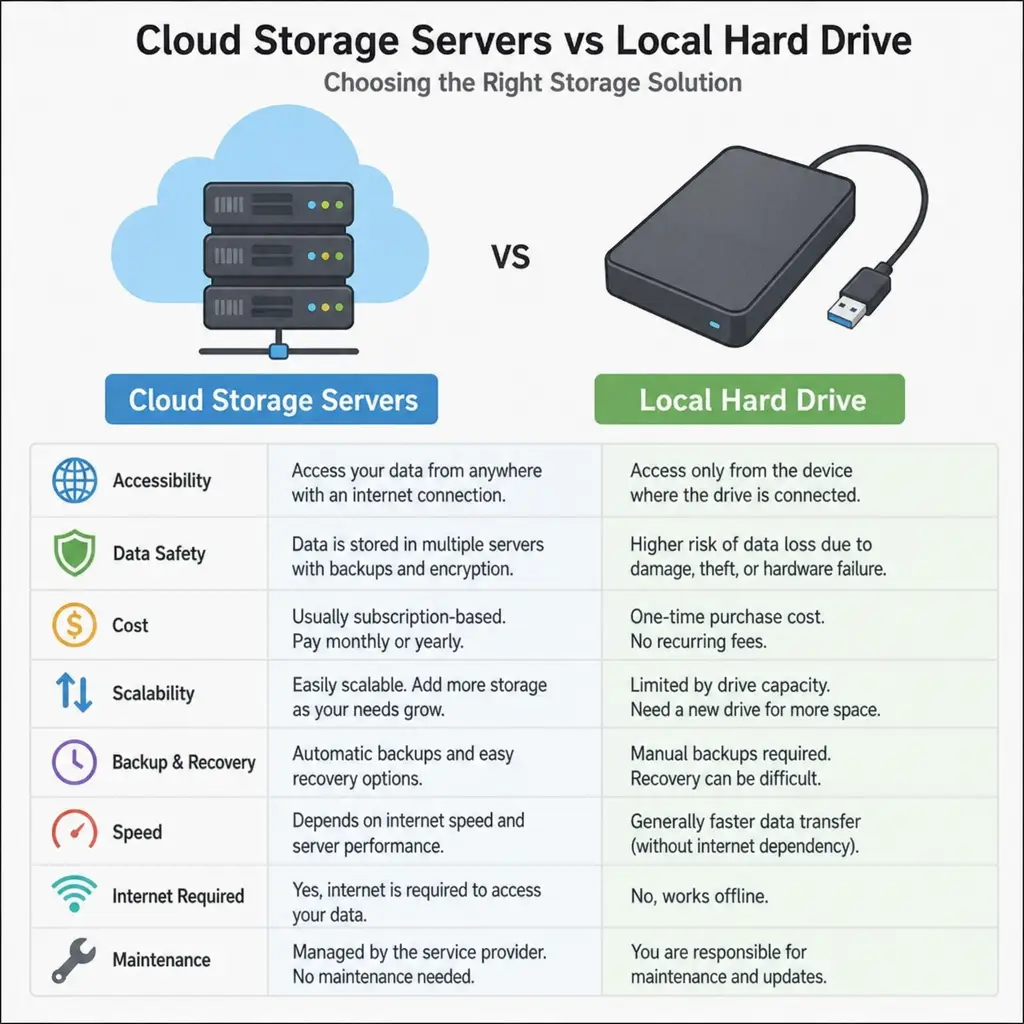Cloud storage servers compared to a local hard drive for data storage