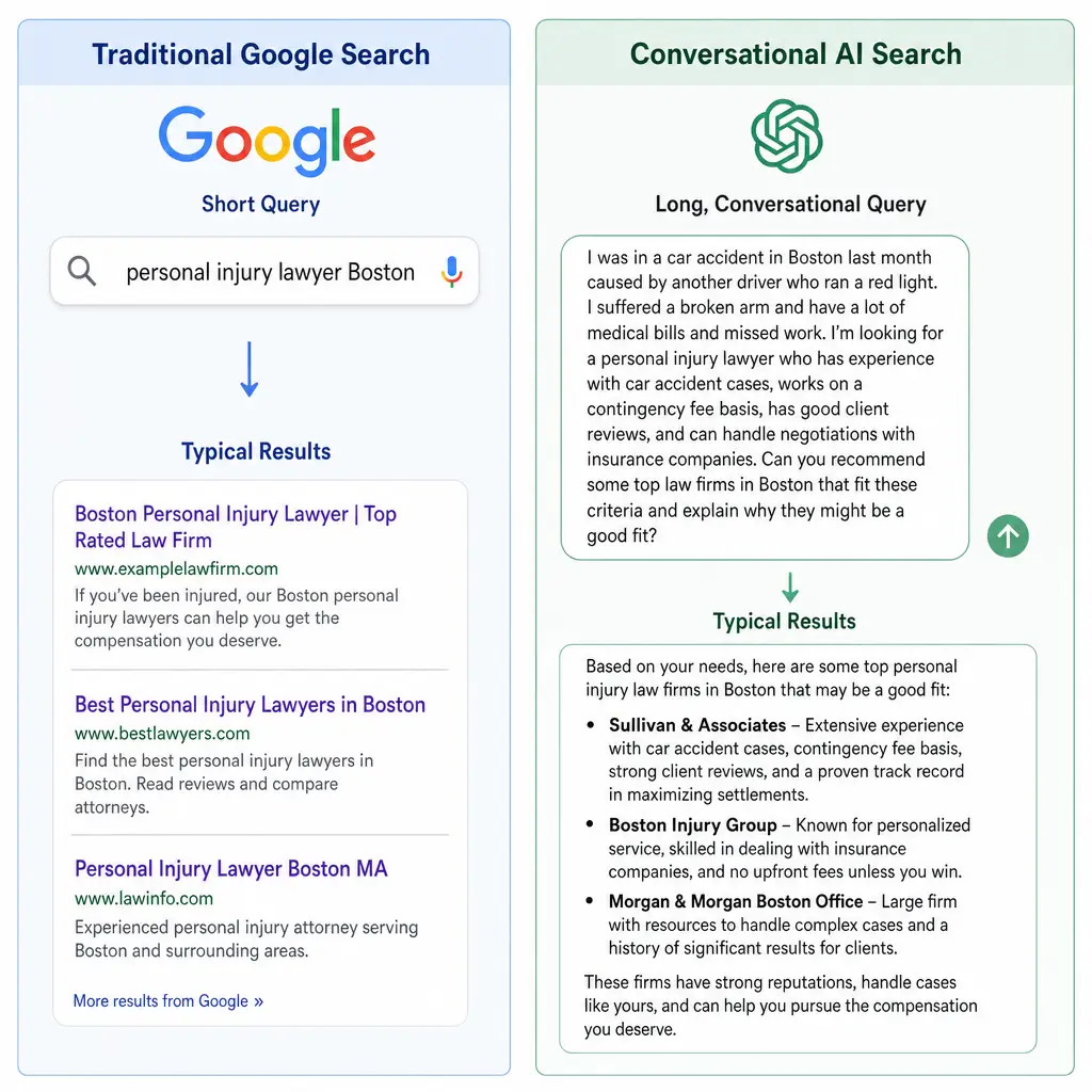 A side-by-side comparison of a short Google search query and a long conversational AI search query related to law firms.