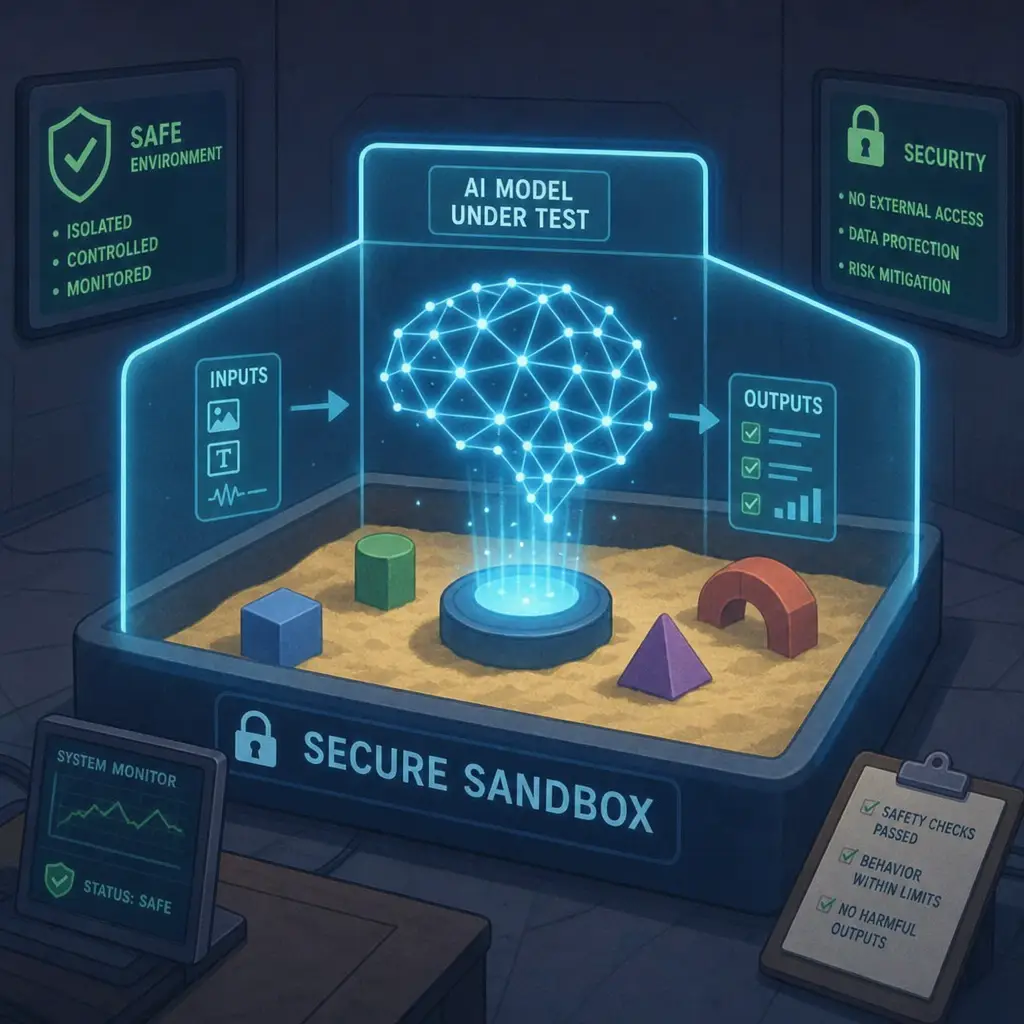 Conceptual illustration of a secure sandbox environment for testing AI neural networks.