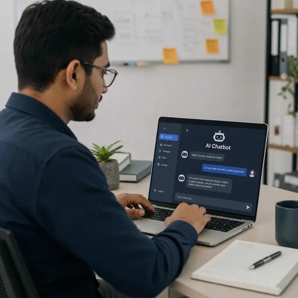 Professional working on a laptop with an AI chatbot interface