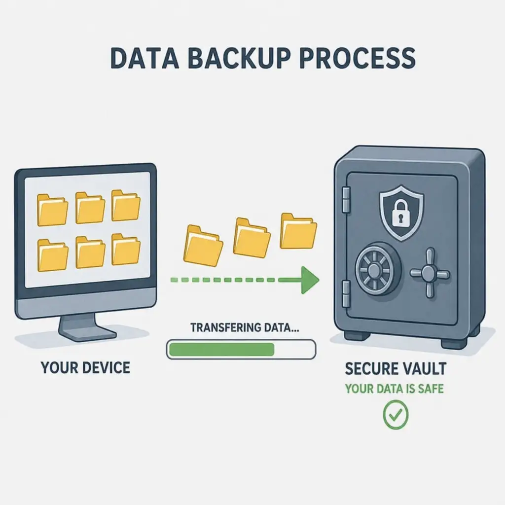 Data backup process showing folders transferring to a secure vault