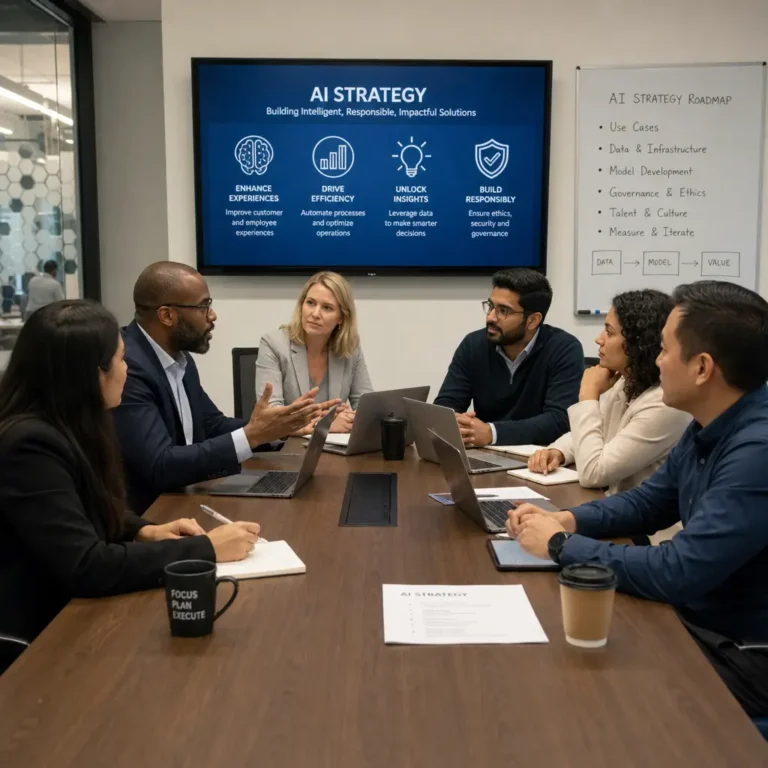 Diverse group of business leaders discussing AI transformation is a problem of governance strategies in a modern boardroom